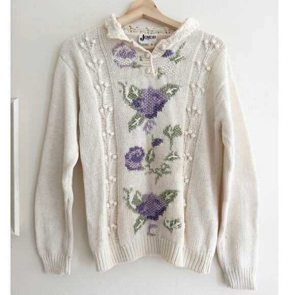 VINTAGE Joyce Purple Flowers Lilac Sweater Size Medium - Picture 2 of 7
